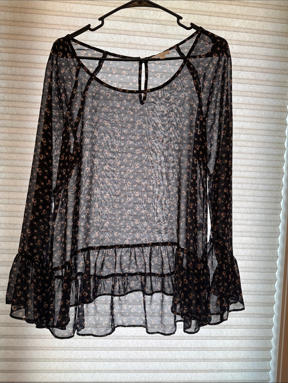 Charming Charlie’s Sheer Navy Floral Ruffle-Hem Blouse
